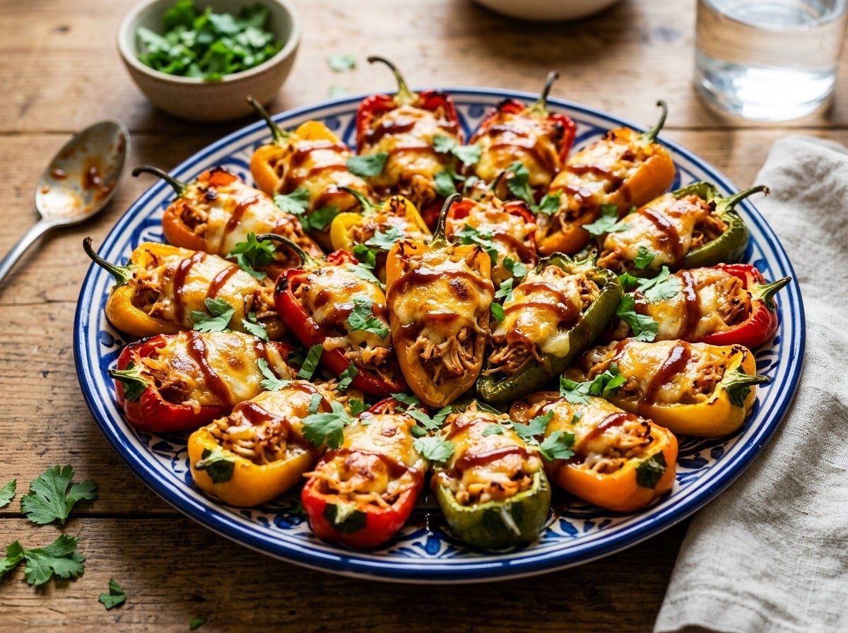 BBQ chicken stuffed mini peppers on a serving platter, topped with cheese and garnished with cilantro, ready to serve.