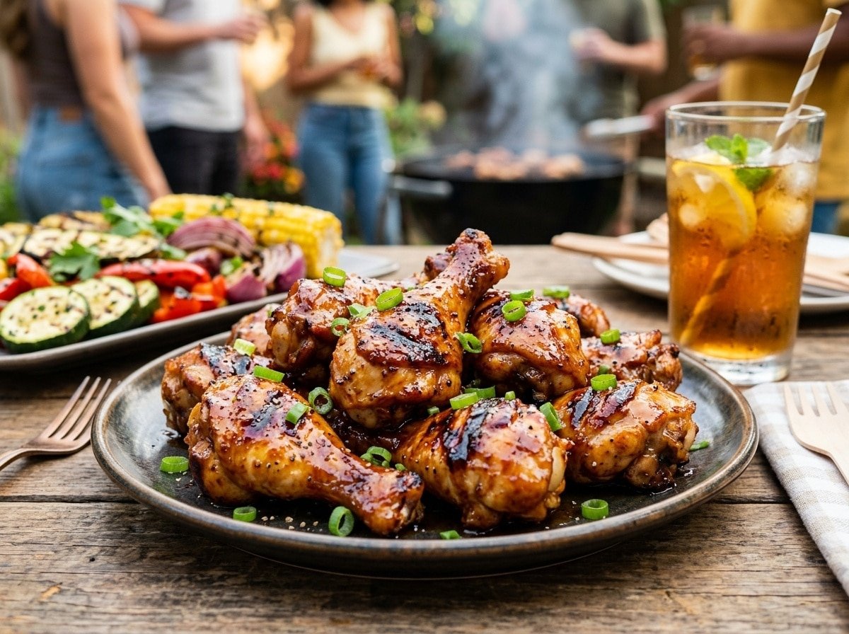 Grilled honey BBQ drumettes served on a plate, garnished with green onions.