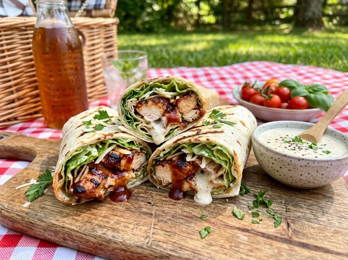 Cut Grilled BBQ Chicken Caesar Wraps with chicken and lettuce, served on a wooden board with Caesar dressing.