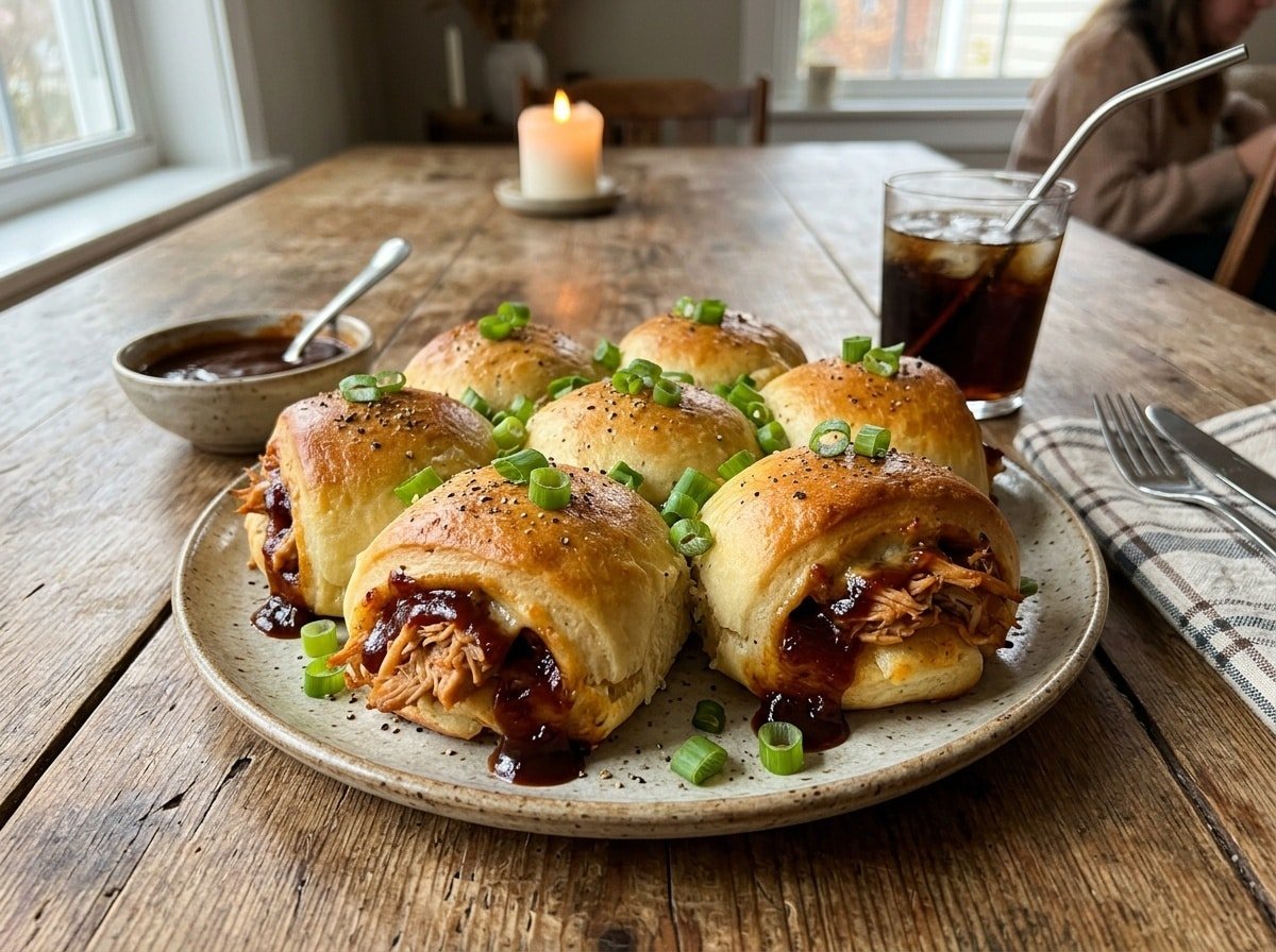 A platter of BBQ pulled chicken rolls, hot and golden, garnished with green onions, ready to be served with barbecue sauce.