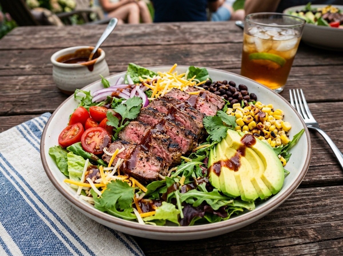 A fresh salad bowl featuring grilled steak, mixed greens, cherry tomatoes, avocado, and corn, drizzled with BBQ sauce on a wooden table.