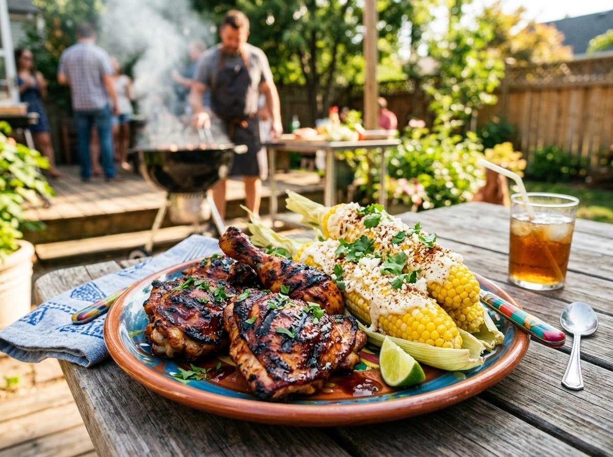 Grilled BBQ chicken with BBQ sauce served with street corn topped with dressing and cheese in a sunny outdoor BBQ setting.
