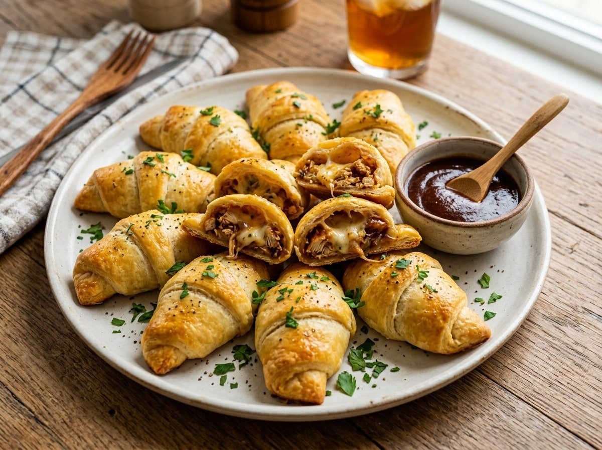 BBQ chicken stuffed crescent pockets on a plate with parsley garnish, served with BBQ sauce on the side.