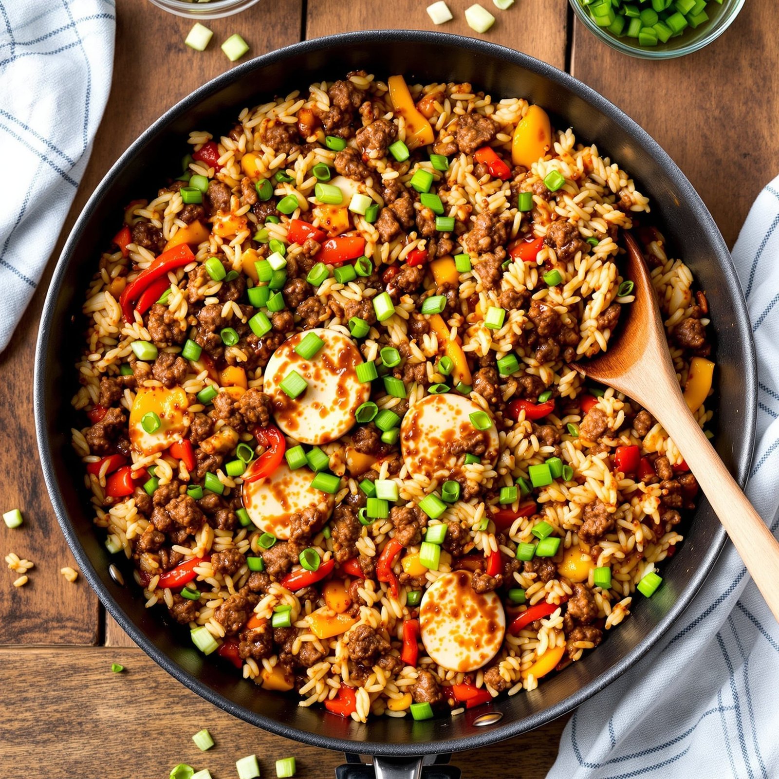 A colorful teriyaki beef rice skillet with ground beef, rice, and bell peppers, garnished with green onions, on a rustic table.
