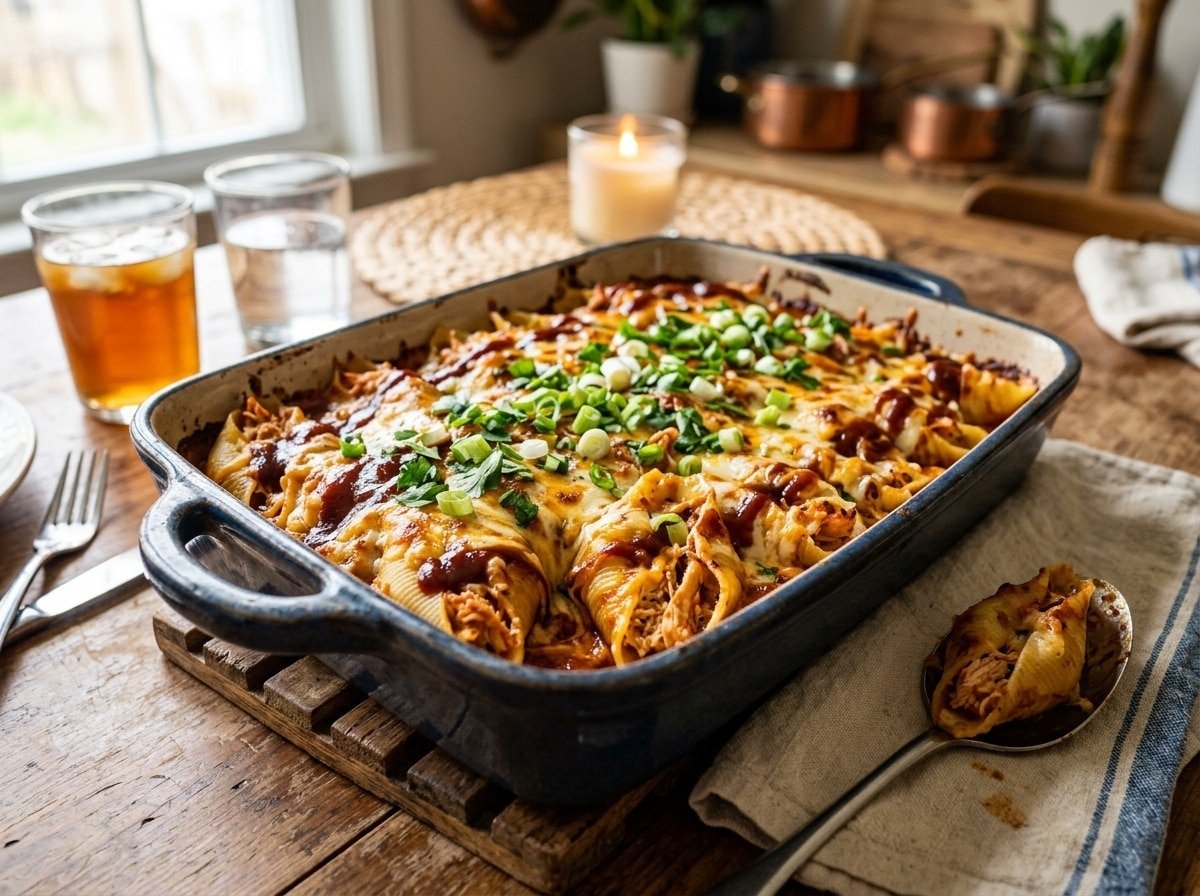 Baked BBQ chicken stuffed pasta shells, topped with cheese and green onions in a rustic dish, with extra BBQ sauce.