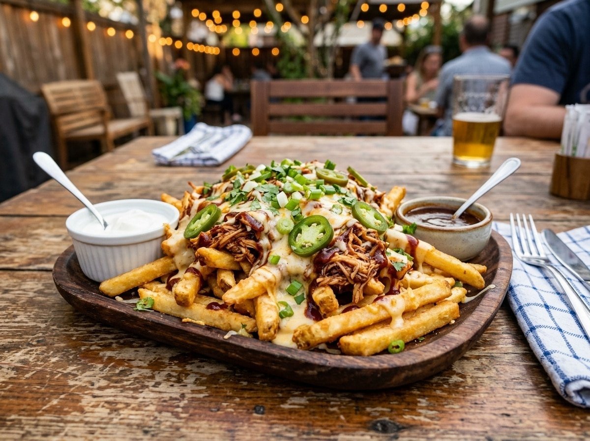 A vibrant platter of loaded fries topped with BBQ chicken and cheese, garnished with jalapeños and scallions.