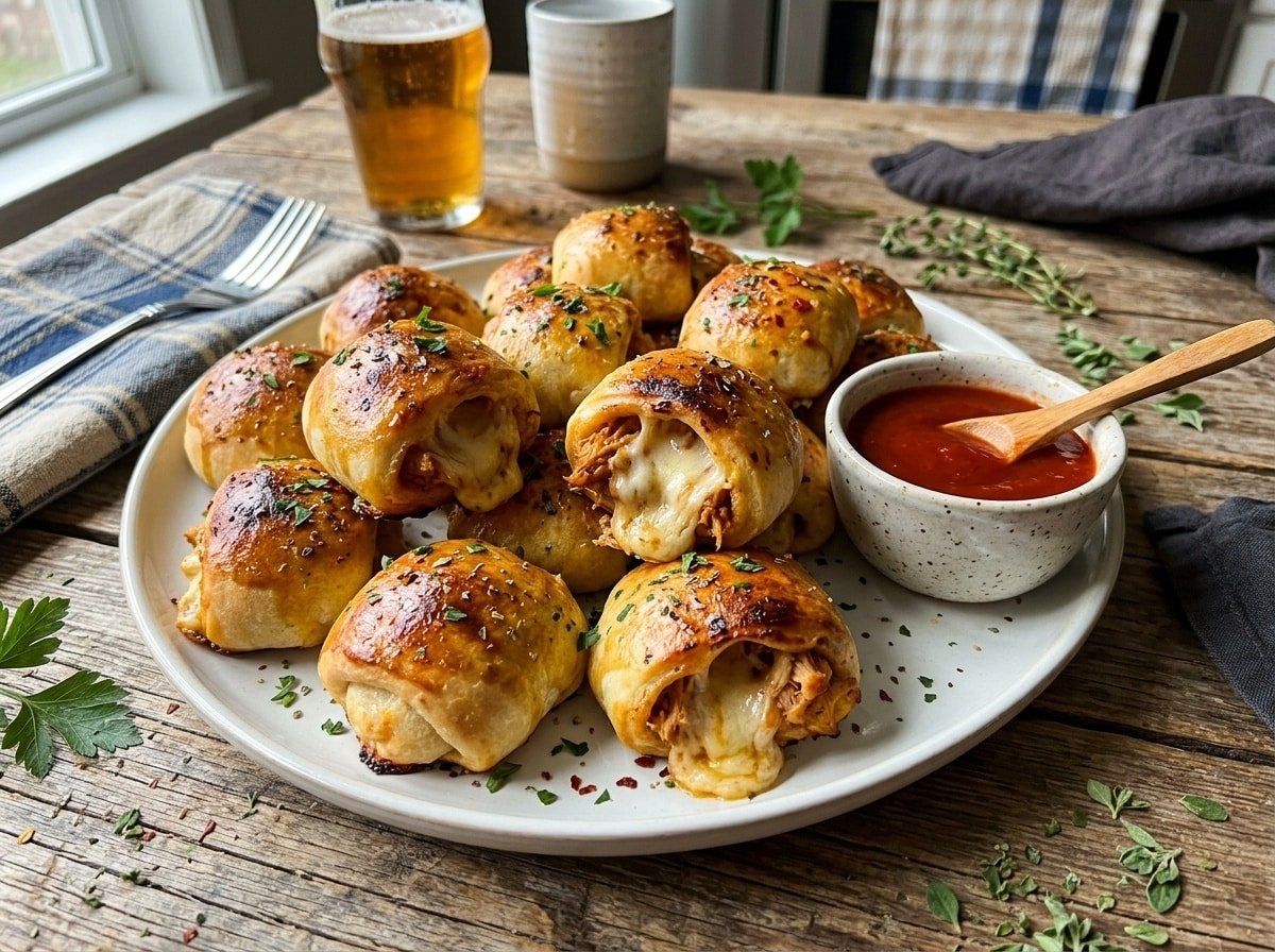 Golden barbecue chicken stuffed pizza rolls on a plate with BBQ sauce for dipping.