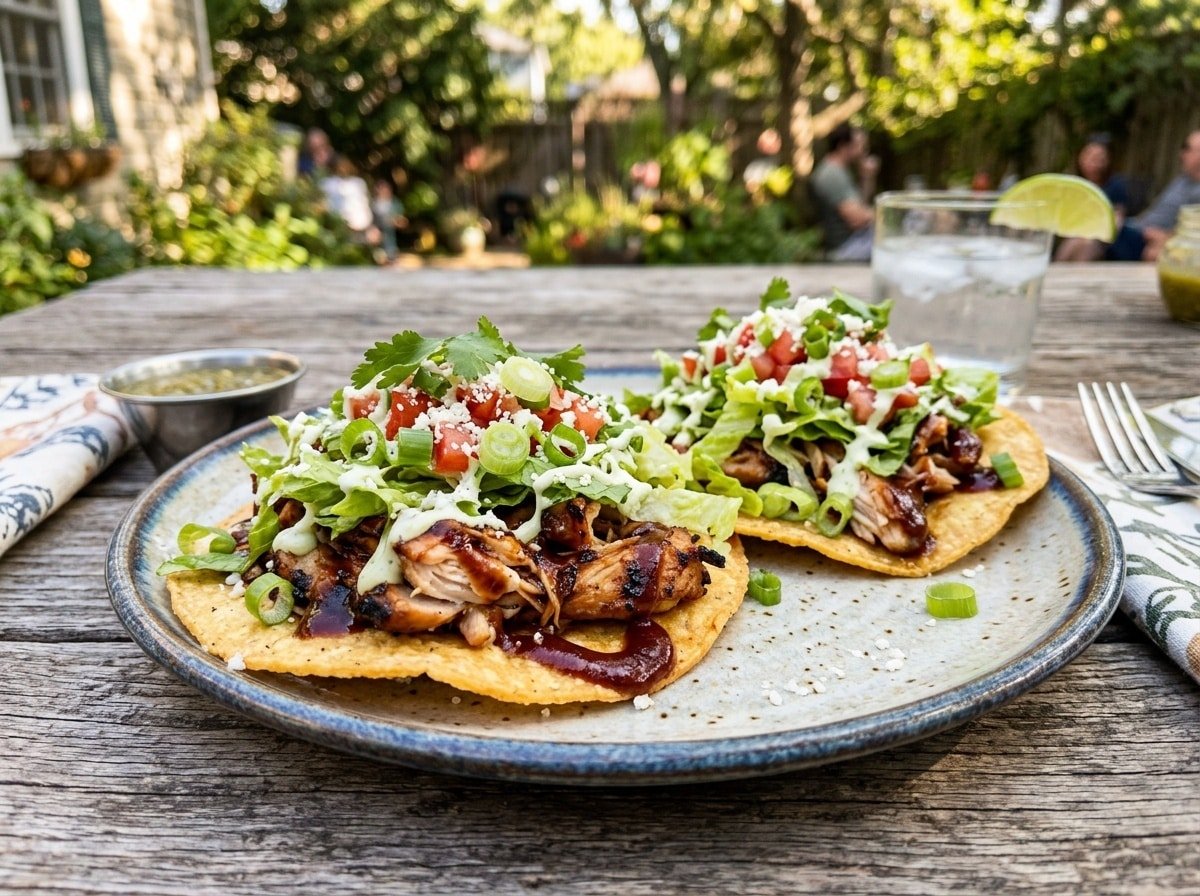 Colorful grilled BBQ chicken tostadas on a wooden plate with tortillas, chicken, lettuce, tomatoes, and green onions.
