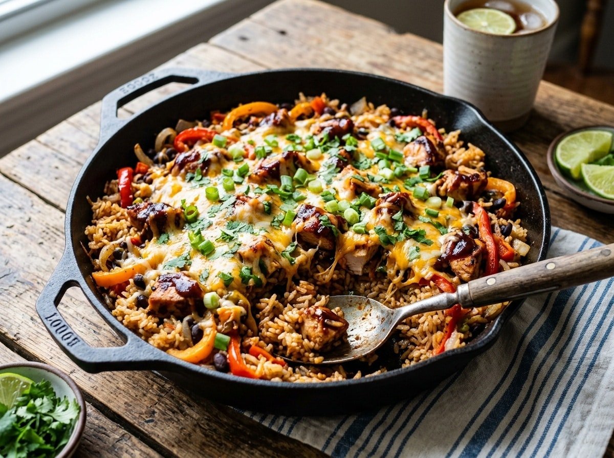 A loaded rice skillet with BBQ chicken, rice, corn, and bell peppers, garnished with cheese and green onions.