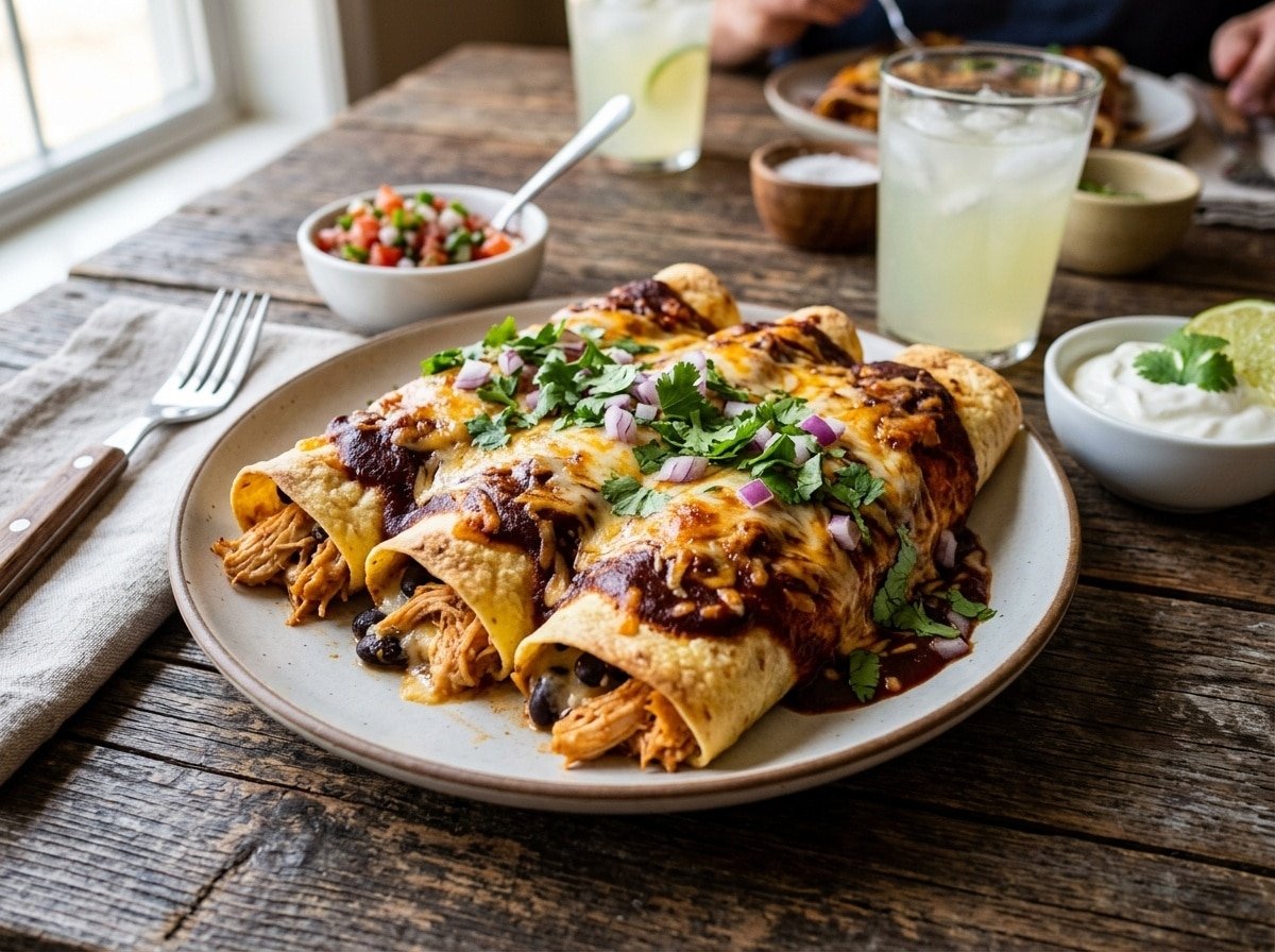 BBQ Chicken Stuffed Enchiladas with cheese and enchilada sauce, garnished with cilantro on a wooden table.