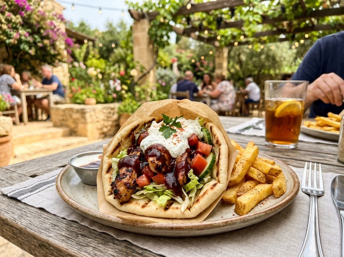 Grilled BBQ chicken gyro in pita with fresh vegetables and yogurt sauce, served with chips.