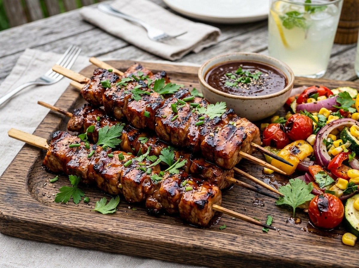 Grilled BBQ pork skewers on a wooden platter, garnished with herbs and served with dipping sauce.
