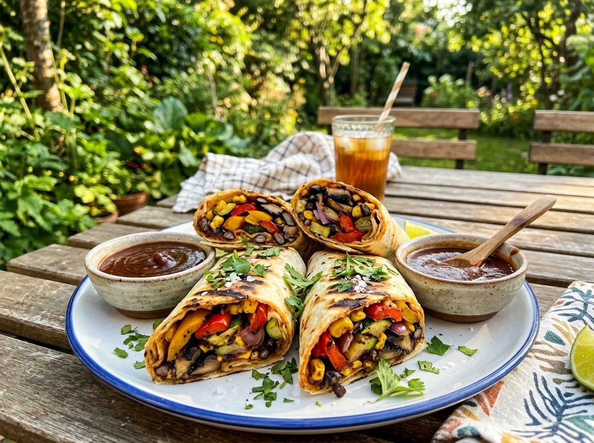 Grilled BBQ veggie wraps filled with colorful vegetables served with BBQ sauce on a picnic table.