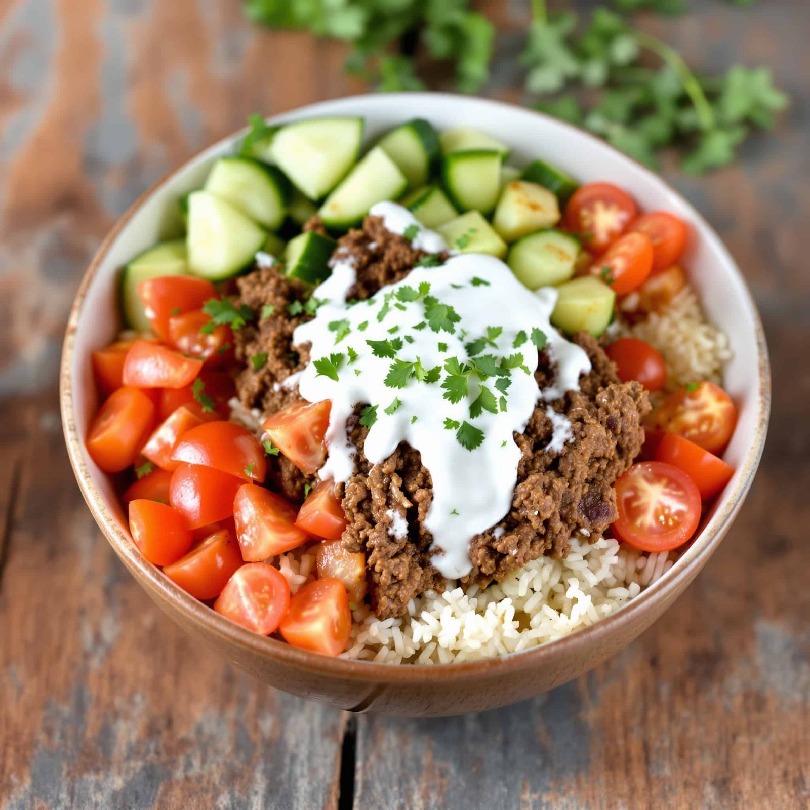 Ground beef gyro bowl with seasoned beef, rice, tomatoes, cucumbers, tzatziki, and parsley garnish on rustic wood.