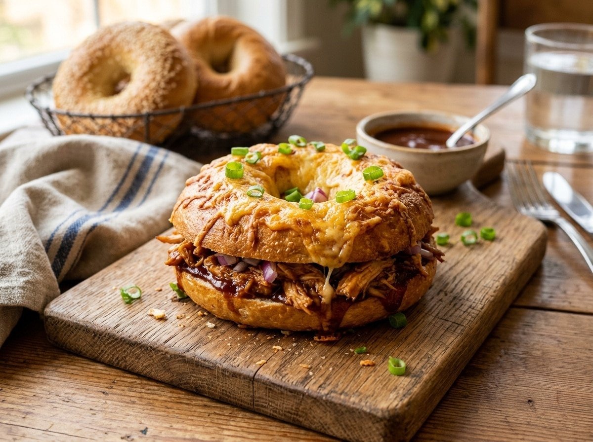 BBQ Chicken Stuffed Bagel with melted cheese and BBQ chicken filling, garnished with green onions on a wooden board.