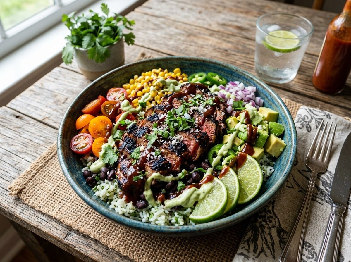 A colorful bowl featuring grilled BBQ steak, rice, black beans, corn, avocado, and tomatoes garnished with cilantro and lime.