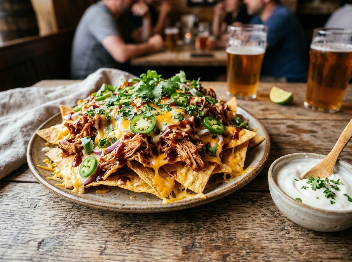BBQ Chicken Loaded Tortilla Chips topped with cheese, jalapeños, and cilantro on a rustic table.