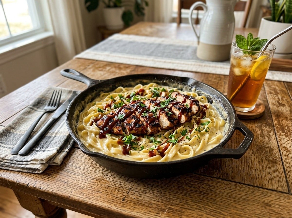 Skillet with Grilled BBQ Chicken Alfredo topped with parsley, rustic table setting.