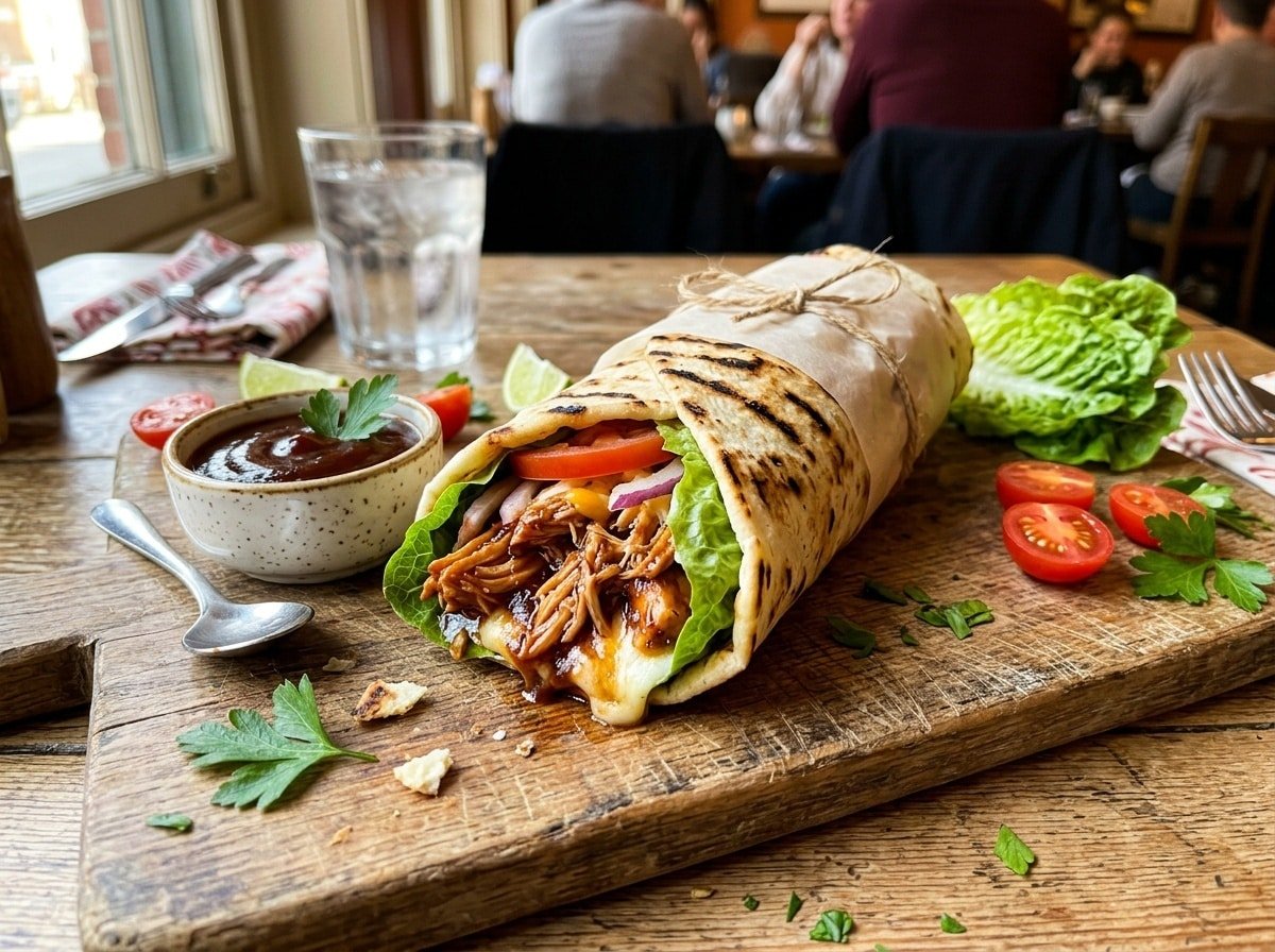 BBQ chicken flatbread wrap with fresh vegetables and cheese, served with BBQ sauce on a wooden board.