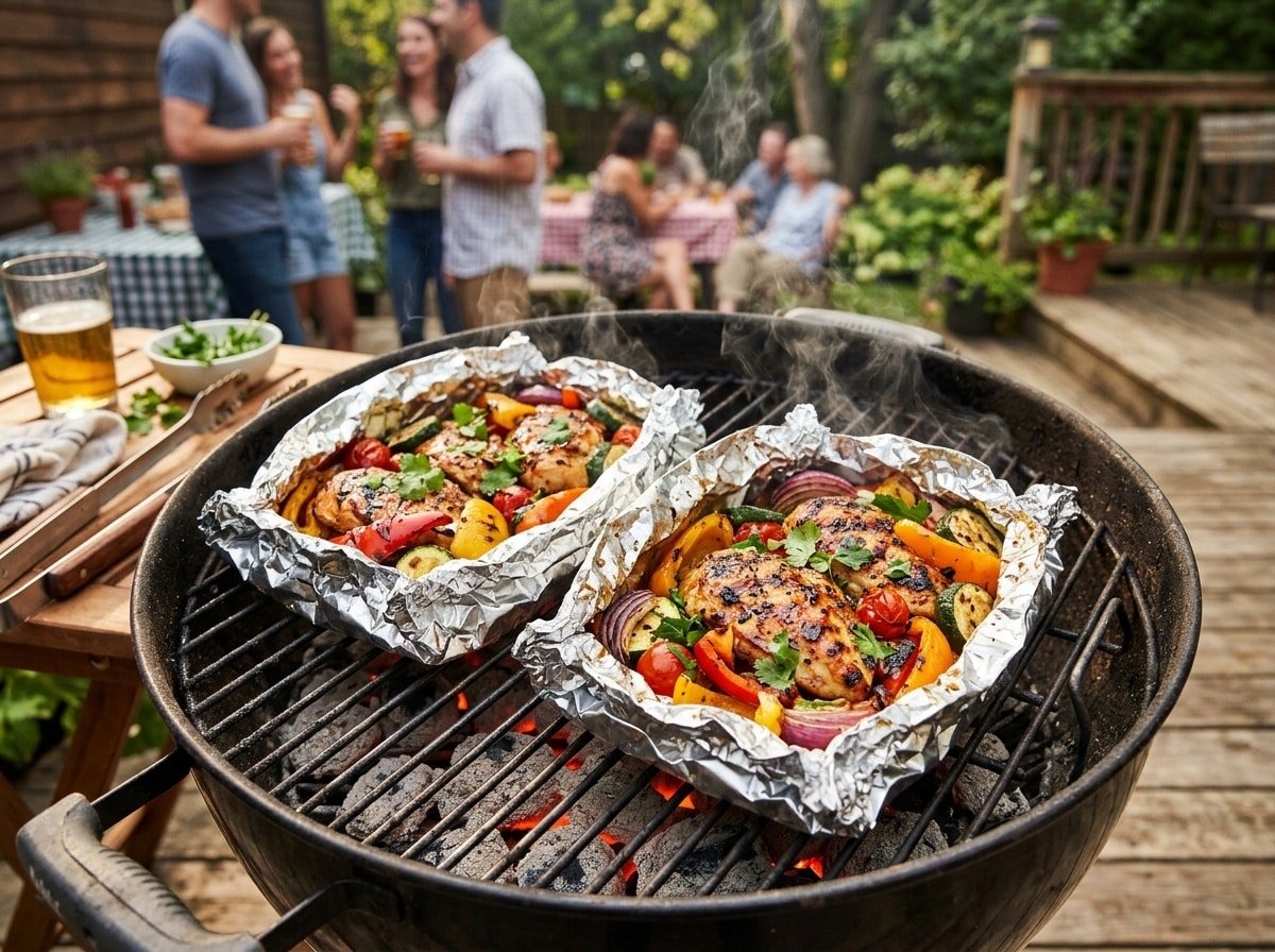 Grilled BBQ chicken and vegetable foil packs with bell peppers and zucchini on a grill.