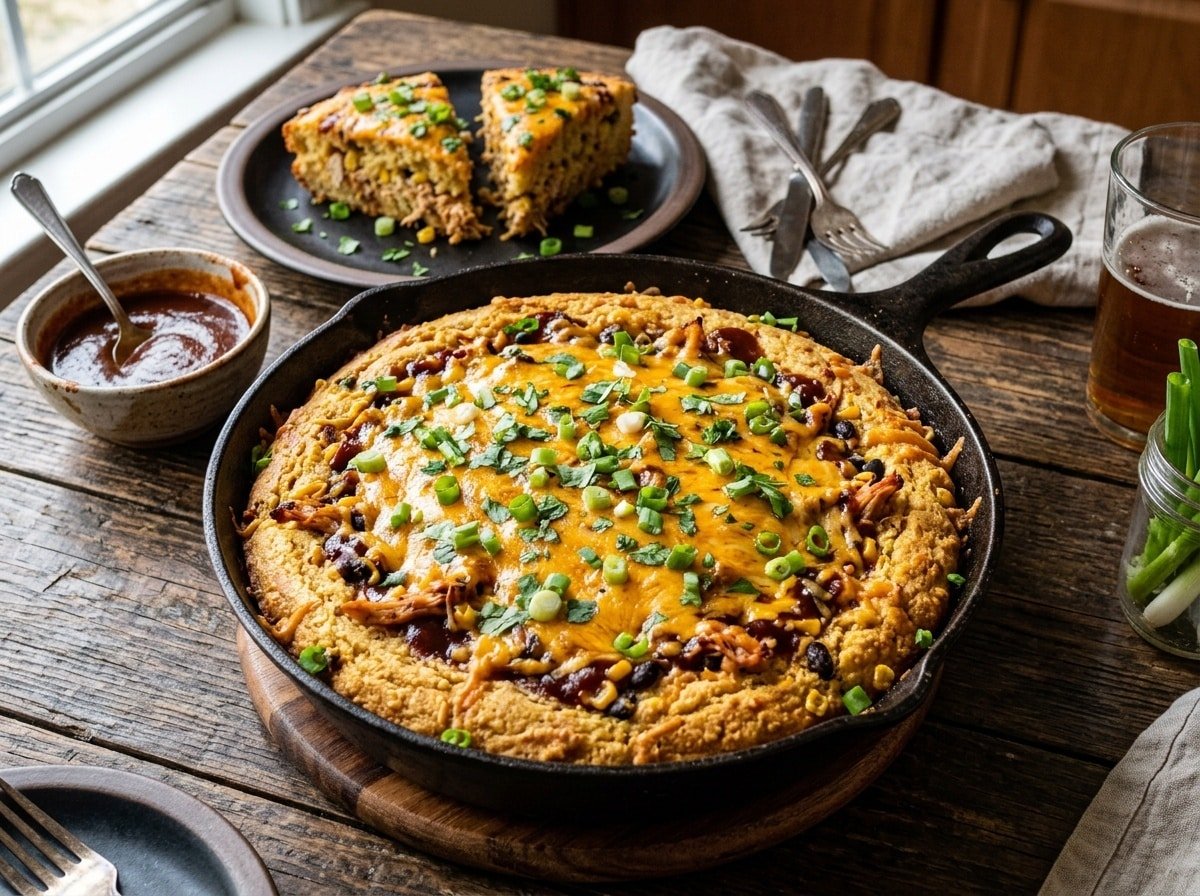 BBQ Chicken Loaded Cornbread Skillet with melted cheese and green onions, served in a cast-iron skillet.