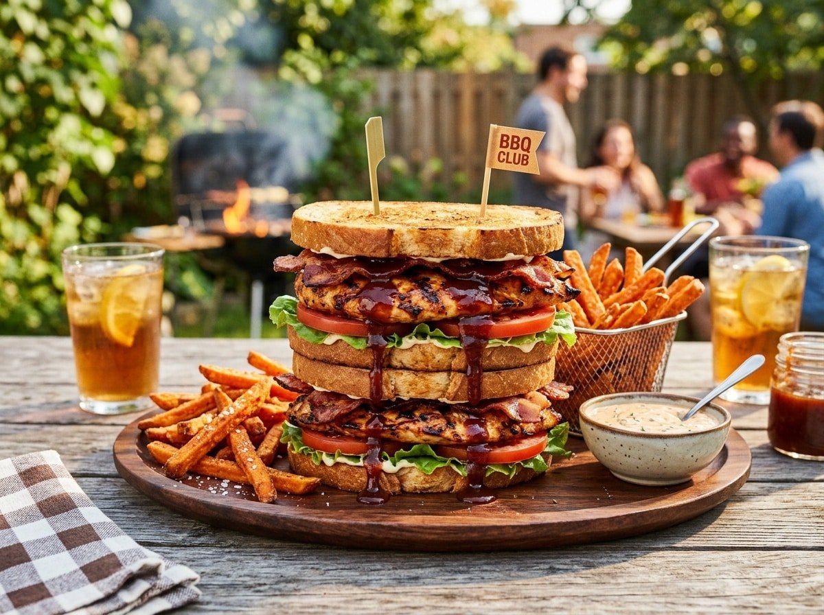 Grilled BBQ Chicken Club Sandwich with bacon, lettuce, and tomato on toasted bread with sweet potato fries on the side.
