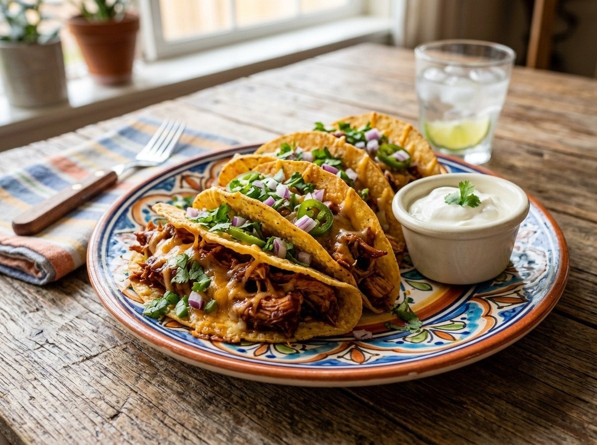 BBQ Chicken Stuffed Taco Shells filled with chicken and cheese, garnished with cilantro and onions on a colorful plate.