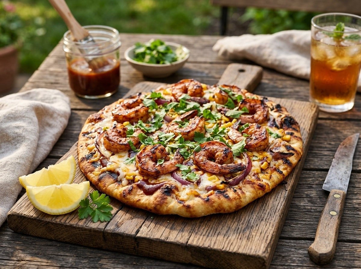 Grilled BBQ shrimp flatbread with cheese, cilantro, and lemon wedges on a rustic table.