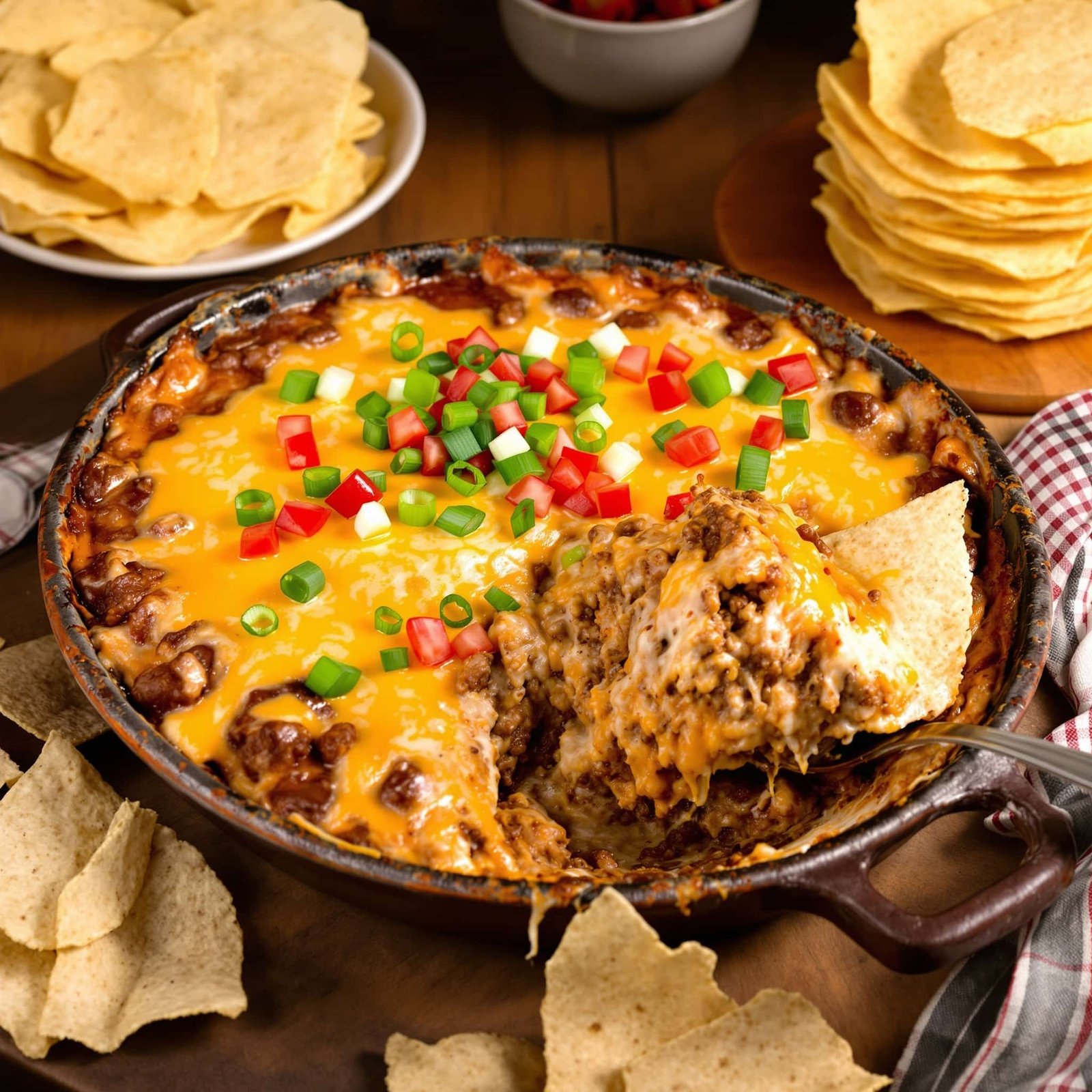 Baked creamy beef taco dip with cheese and toppings, served with tortilla chips.