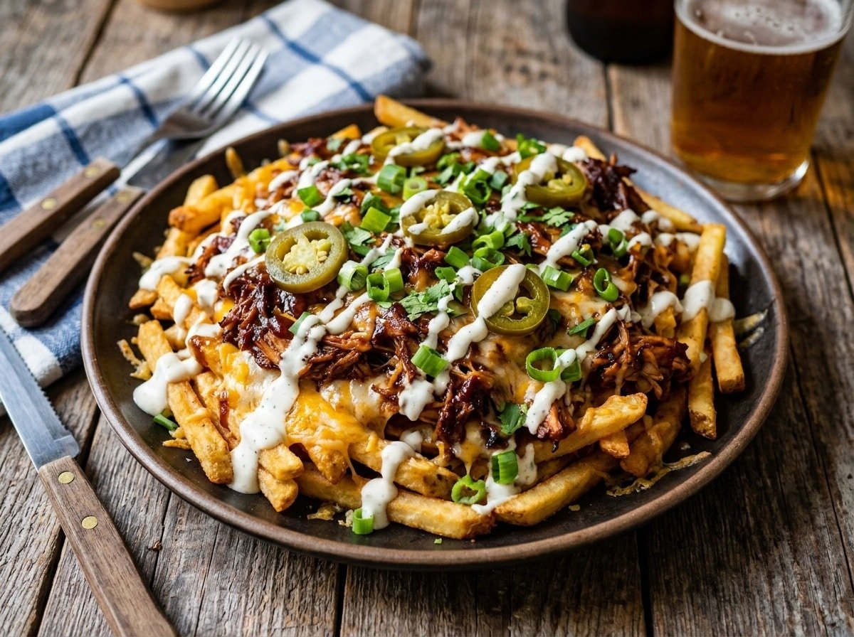 BBQ Chicken Loaded Nacho Fries topped with cheese, jalapeños, ranch dressing, and green onions.