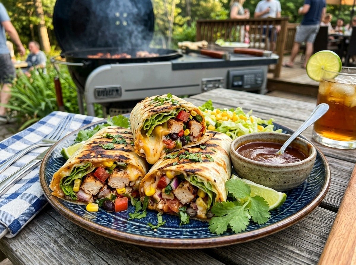 Grilled BBQ Chicken Burritos cut in half, showing filling, served on a plate with BBQ sauce.