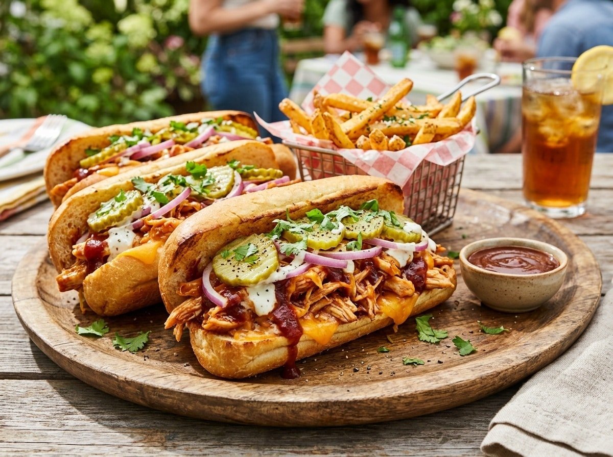 BBQ Chicken Stuffed Hoagies on a platter with BBQ sauce, pickles, and cilantro.