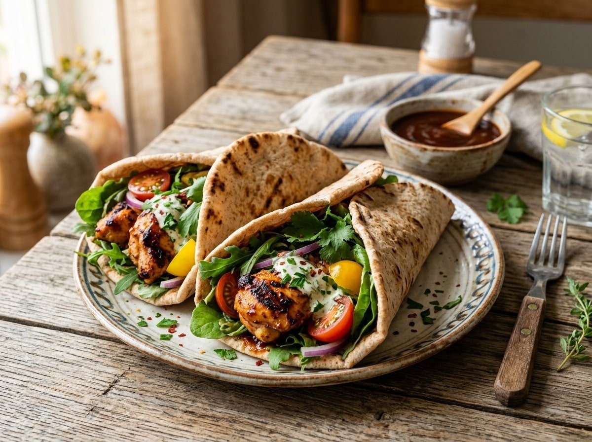 Grilled BBQ chicken pita wraps filled with vegetables, served on a plate with BBQ sauce on the side.