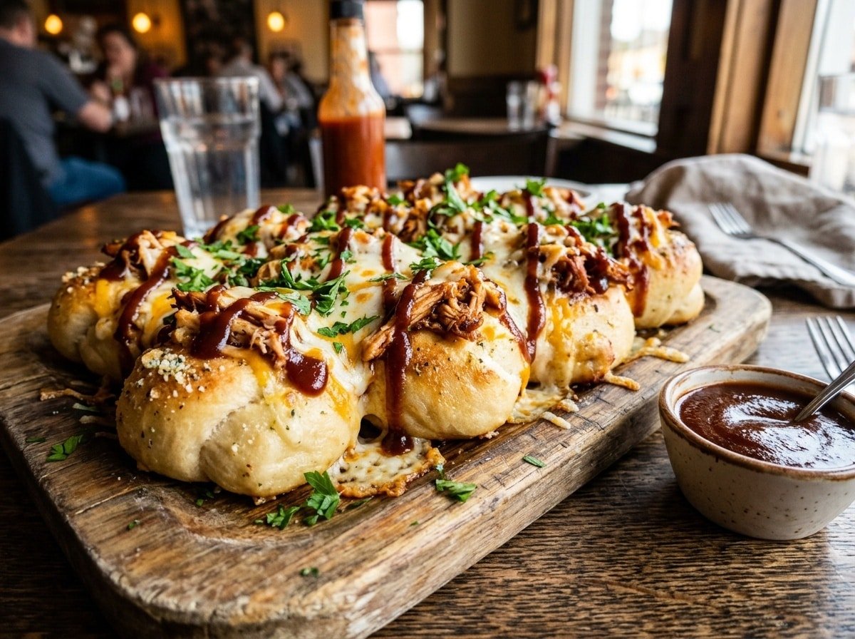 BBQ Chicken Loaded Garlic Knots on a platter with sauce garnish, ready to enjoy.