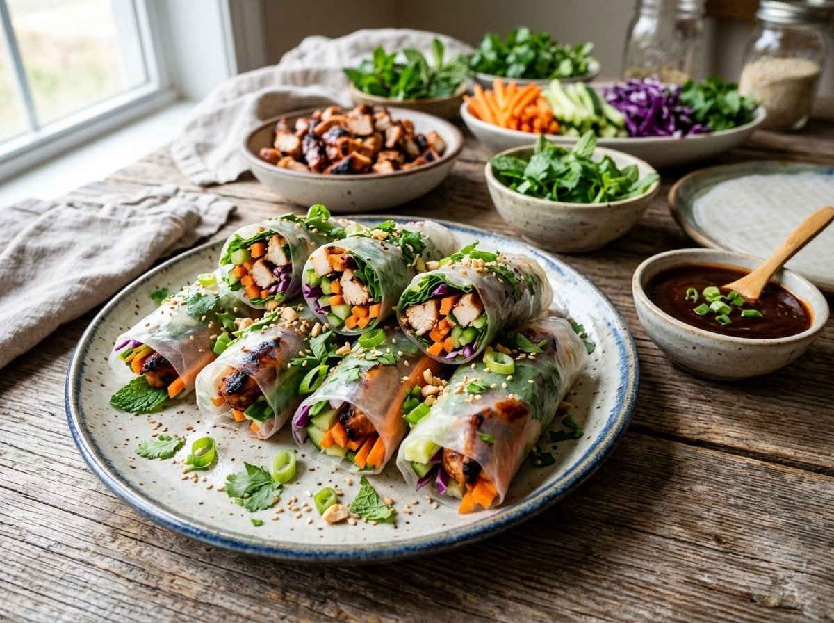 Grilled BBQ Chicken Rice Wraps on a plate, filled with chicken, vegetables, and garnished with herbs, alongside a bowl of barbecue sauce.