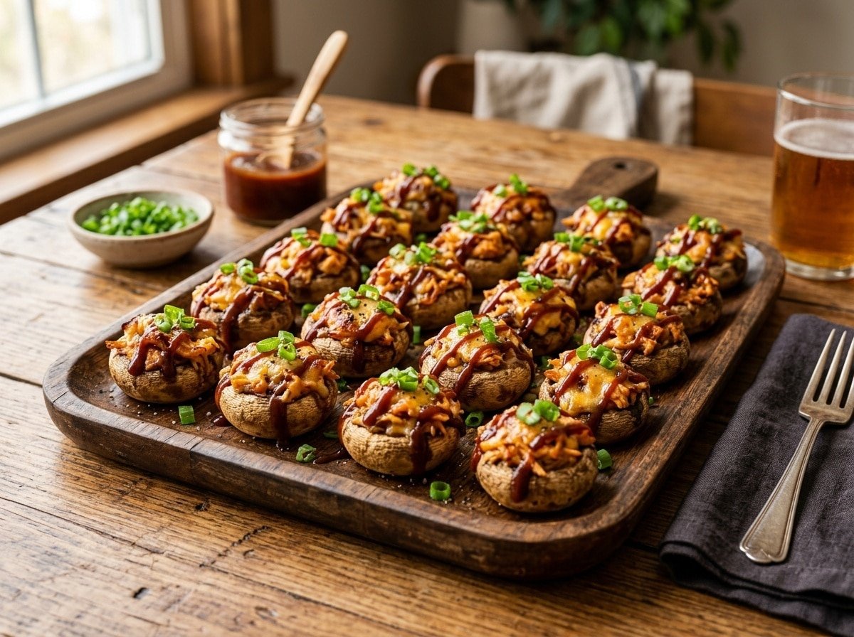 A delicious platter of BBQ Chicken Stuffed Mushrooms topped with BBQ sauce and green onions, ready to serve.