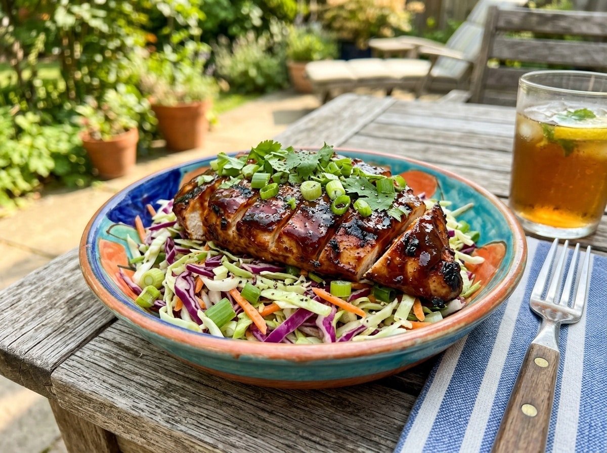 A delicious bowl of grilled BBQ chicken on a bed of slaw with a colorful presentation, garnished with green onions.