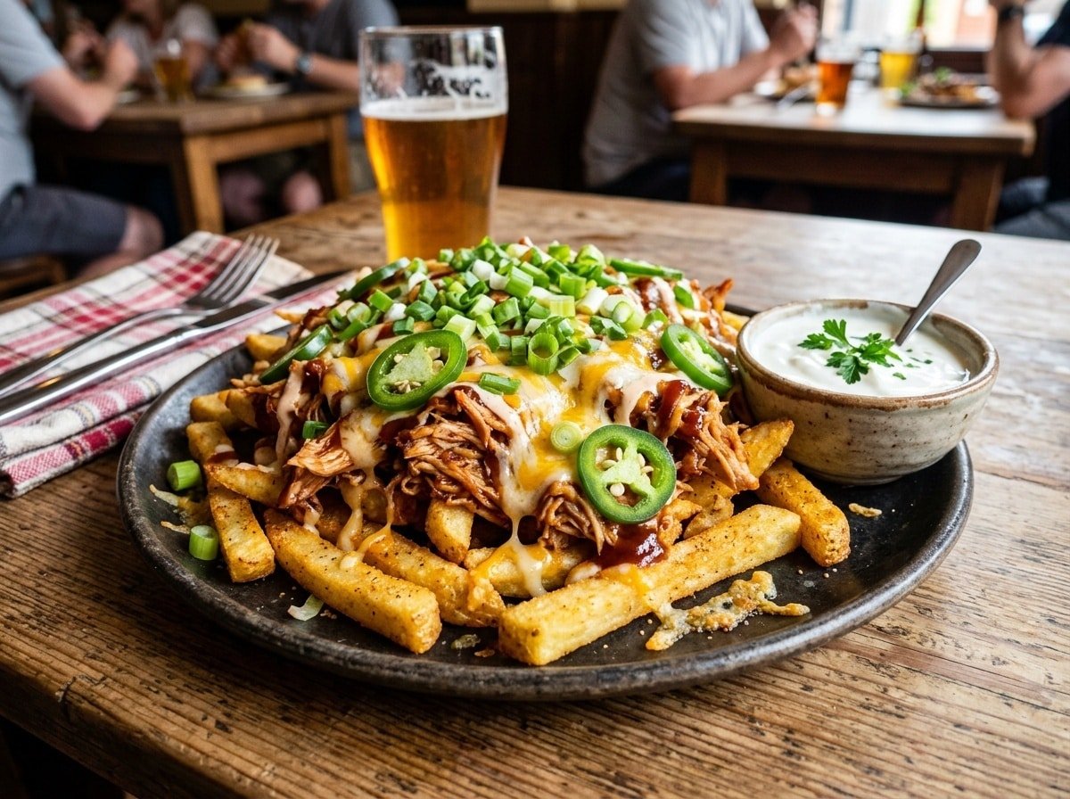 BBQ chicken loaded stuffed fries topped with cheese and green onions, served with sour cream.