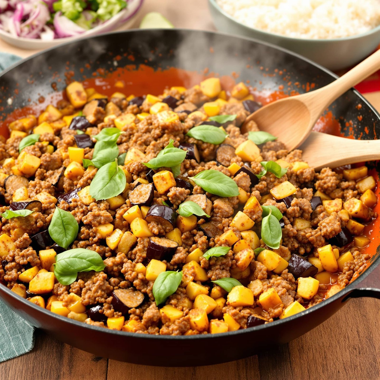 A hearty beef and eggplant skillet dish, garnished with basil, alongside a bowl of rice on a rustic table.
