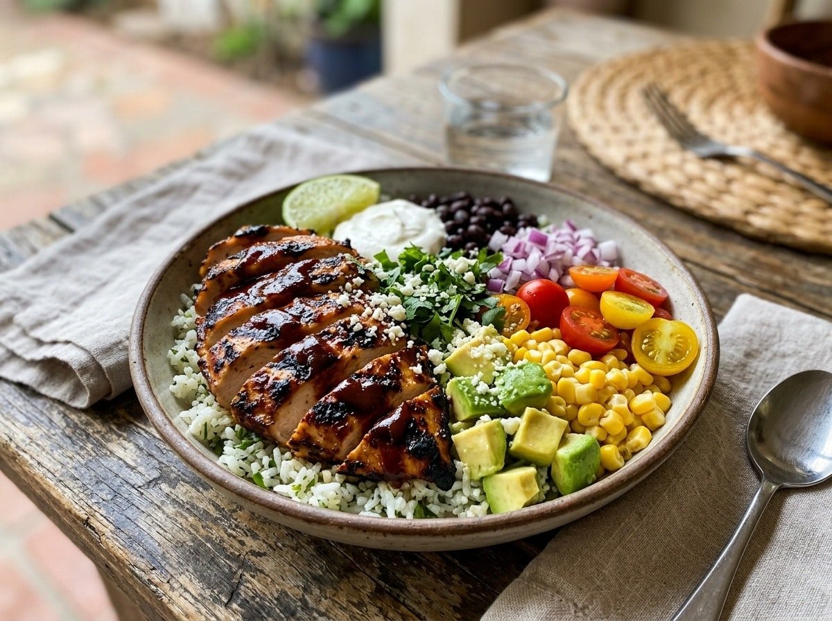 Grilled BBQ chicken taco bowls with rice, avocado, corn, tomatoes, and cilantro.