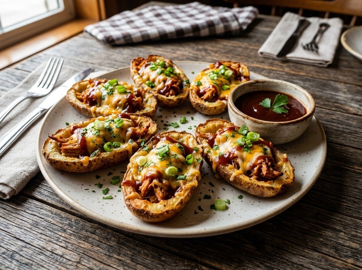 Crispy potato skins filled with BBQ chicken and melted cheese, garnished with green onions on a rustic plate with BBQ sauce.