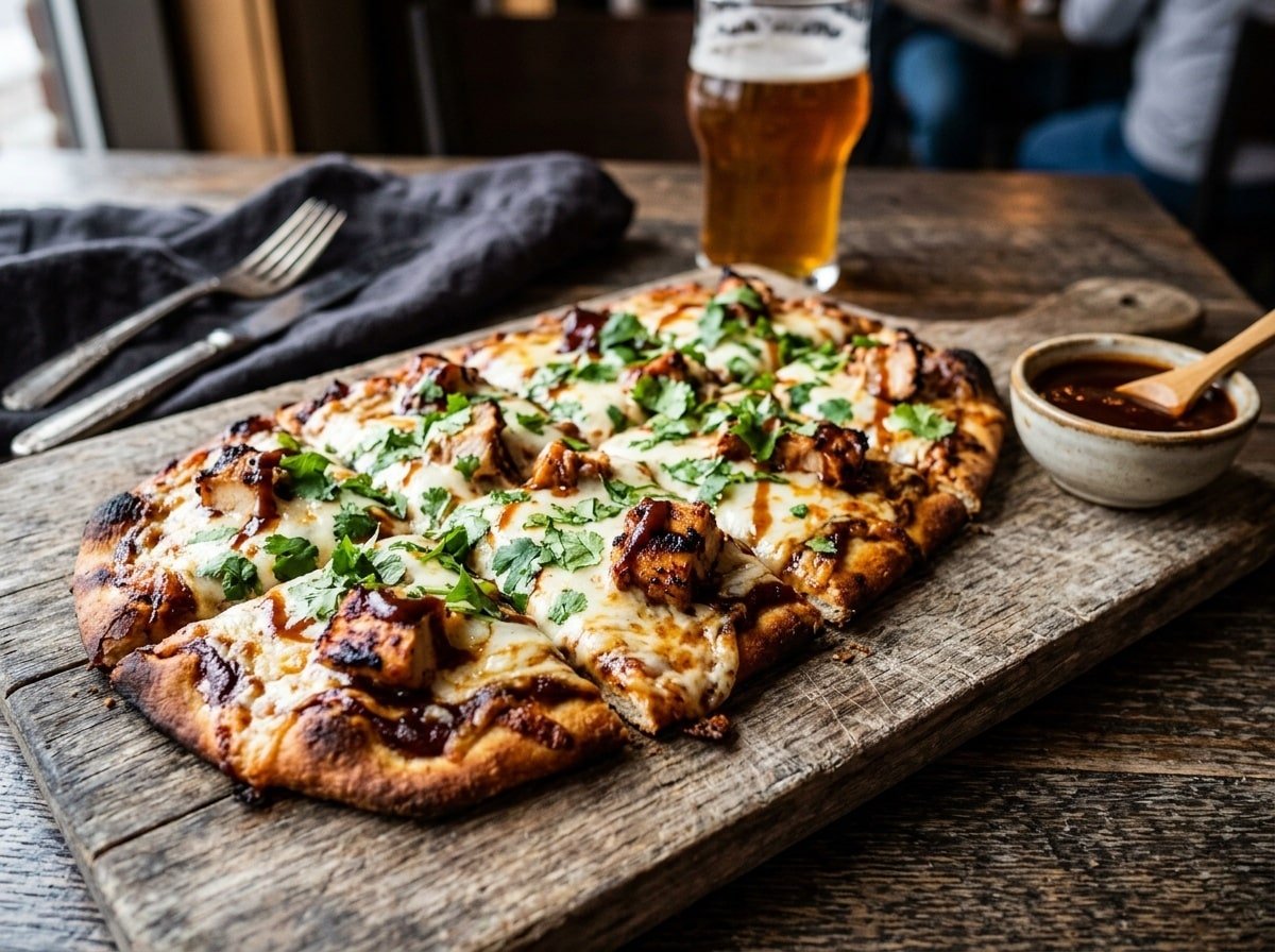 Grilled BBQ chicken flatbread melt topped with cheese and garnished with cilantro, served on a wooden table with BBQ sauce.