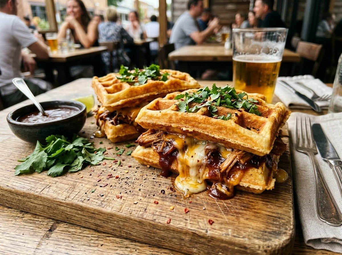 BBQ Chicken Stuffed Waffle Sandwiches with BBQ sauce on a wooden board.