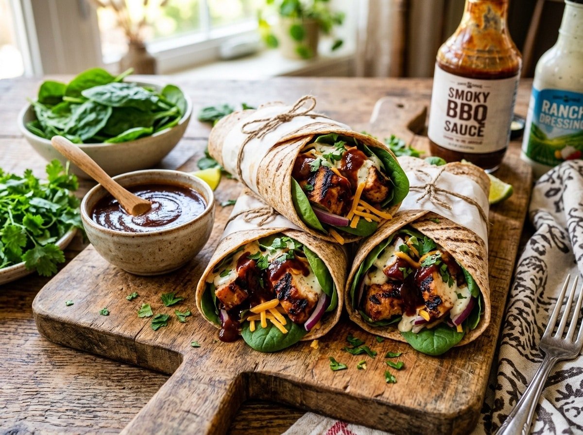 Grilled BBQ Chicken Spinach Wraps filled with chicken, spinach, and BBQ sauce, cut in half and displayed with dipping sauce.