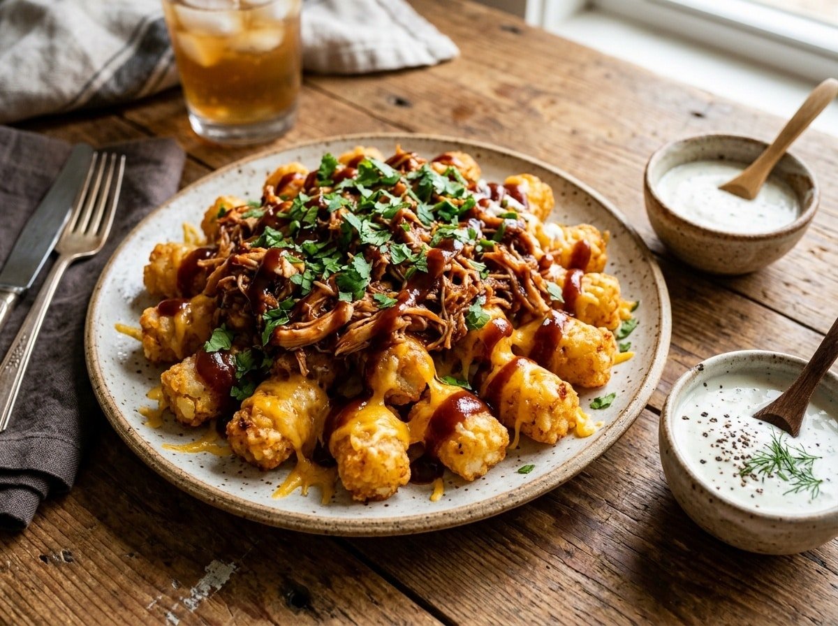 A dish of BBQ Chicken Loaded Stuffed Tots, crispy tater tots filled with BBQ chicken and melted cheese, garnished with cilantro.