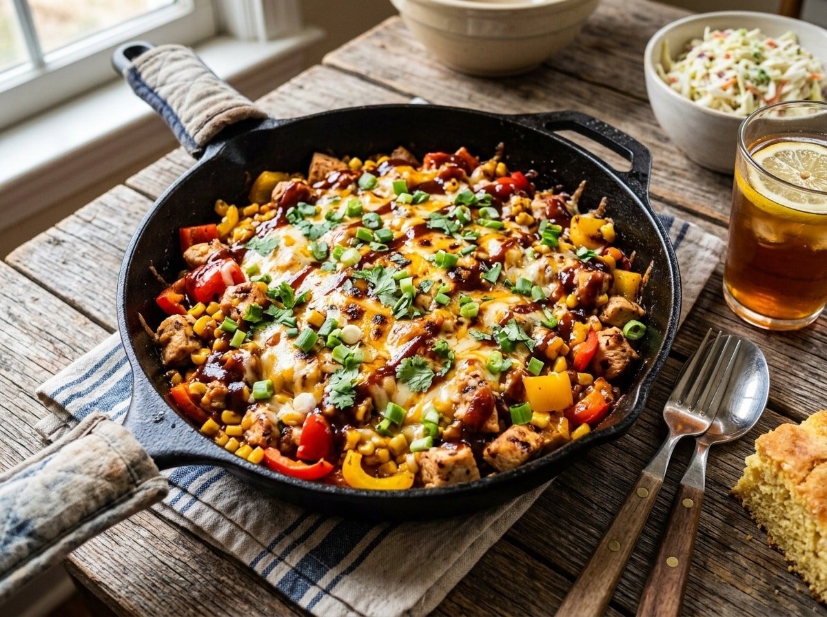 A delicious Grilled BBQ Chicken Skillet Bake with chicken, bell peppers, corn, and melted cheese, garnished with green onions.