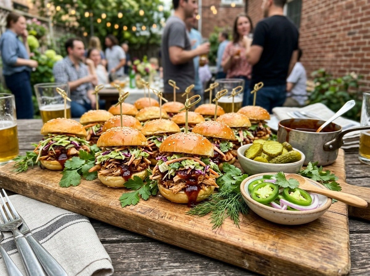 Mini sandwiches filled with BBQ chicken and coleslaw on a wooden board, with pickles and jalapeños.