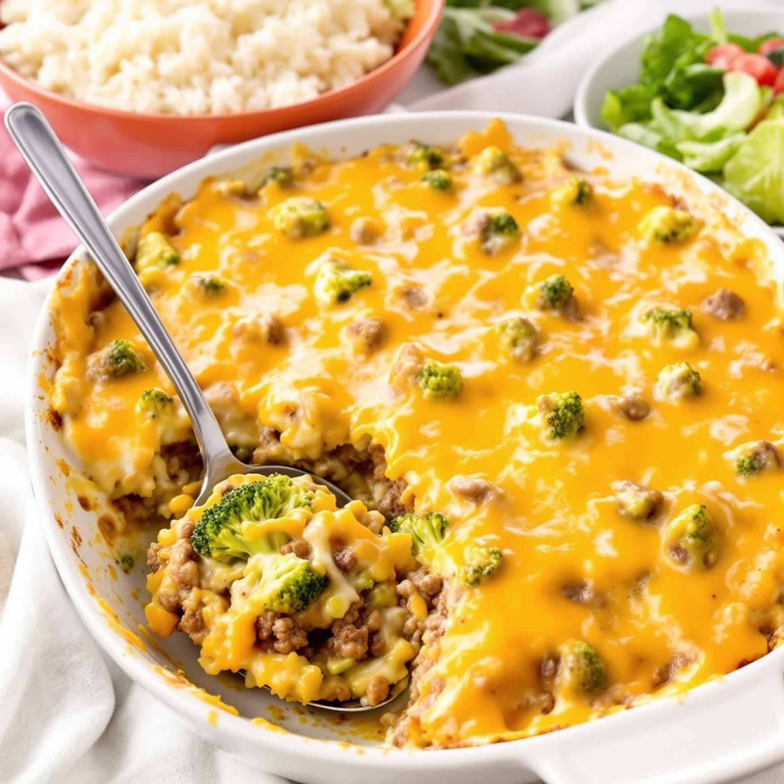 Cheesy Beef and Broccoli Bake in a warm casserole dish, topped with melted cheese, served with rice on the side.