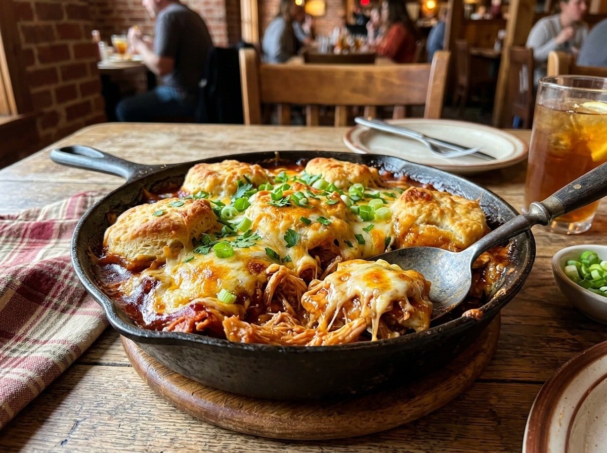 BBQ chicken loaded biscuit skillet topped with cheese and green onions in a rustic skillet.