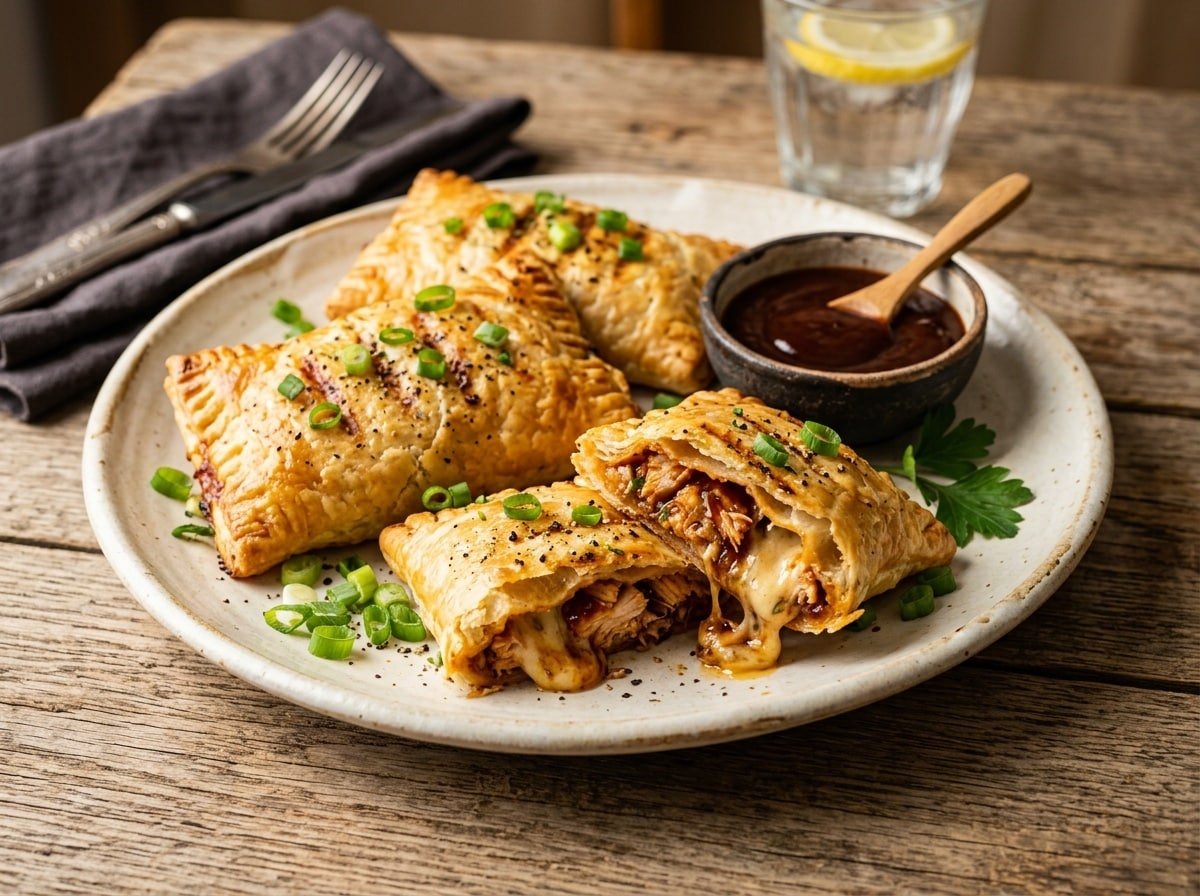 Golden grilled BBQ chicken stuffed pockets with green onions on a plate, served with BBQ sauce.